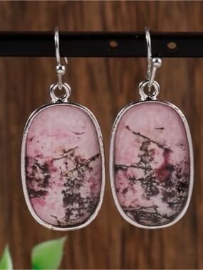 Breathtaking Pink and Silver Oval Stone Earrings NWOT